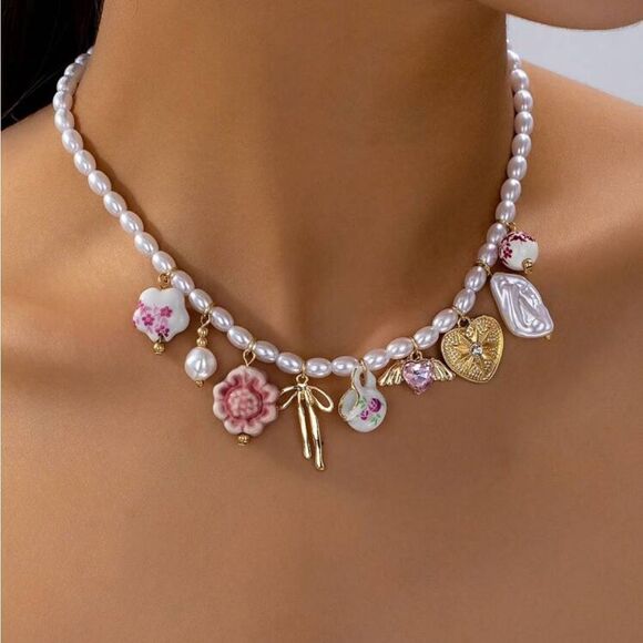 Elegant Pearl Charm Necklace S924 - Picture 1 of 5